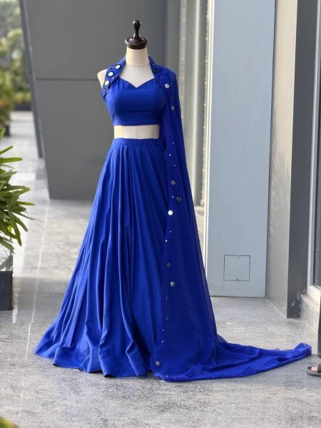 Royal Blue Cotton Garba Lehenga Choli Set with Mirror Work and Embroidered Georgette Dupatta Navratri Lehnega Choli
