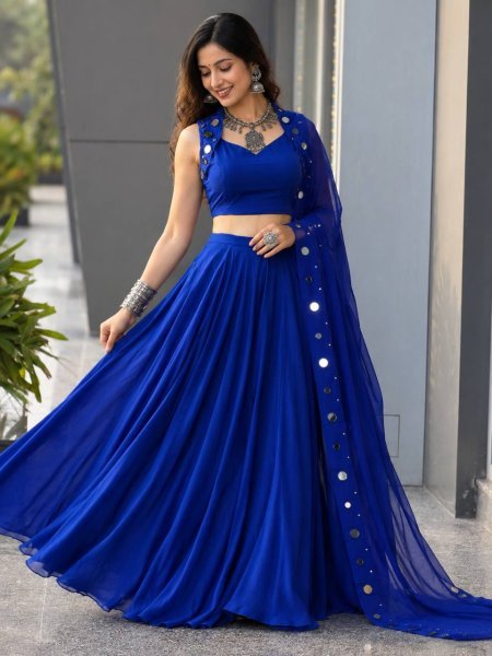 Royal Blue Cotton Garba Lehenga Choli Set with Mirror Work and Embroidered Georgette Dupatta Navratri Lehnega Choli