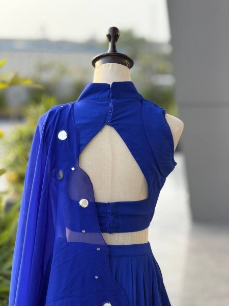 Royal Blue Cotton Garba Lehenga Choli Set with Mirror Work and Embroidered Georgette Dupatta Navratri Lehnega Choli