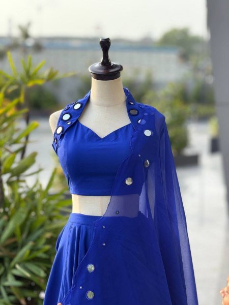 Royal Blue Cotton Garba Lehenga Choli Set with Mirror Work and Embroidered Georgette Dupatta Navratri Lehnega Choli