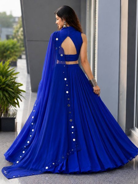Royal Blue Cotton Garba Lehenga Choli Set with Mirror Work and Embroidered Georgette Dupatta Navratri Lehnega Choli
