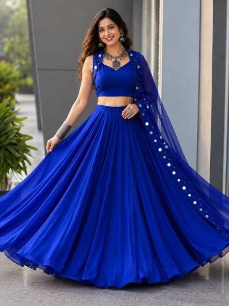 Royal Blue Cotton Garba Lehenga Choli Set with Mirror Work and Embroidered Georgette Dupatta Navratri Lehnega Choli