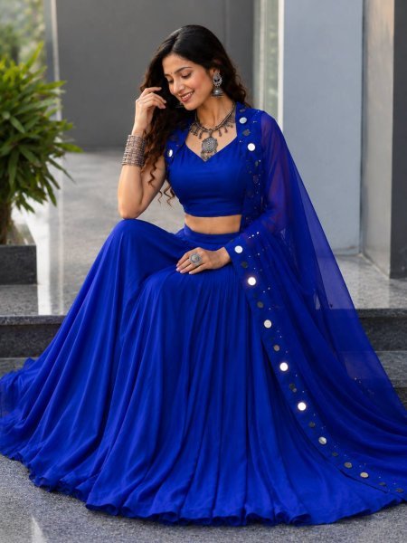 Royal Blue Cotton Garba Lehenga Choli Set with Mirror Work and Embroidered Georgette Dupatta Navratri Lehnega Choli
