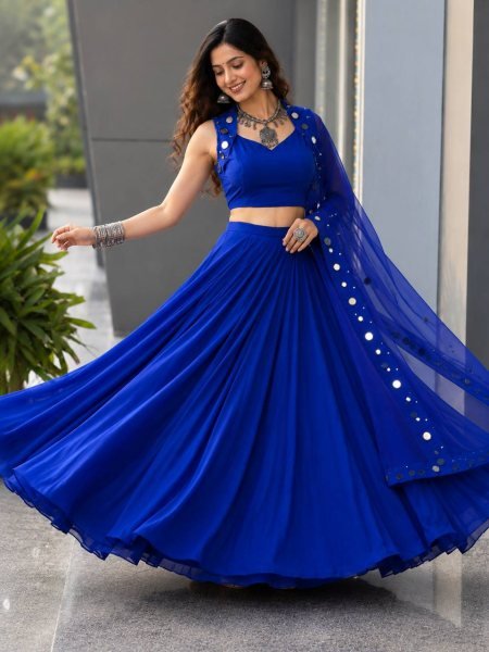 Royal Blue Cotton Garba Lehenga Choli Set with Mirror Work and Embroidered Georgette Dupatta Navratri Lehnega Choli