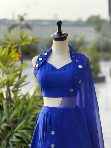 Royal Blue Cotton Garba Lehenga Choli Set with Mirror Work and Embroidered Georgette Dupatta Navratri Lehnega Choli