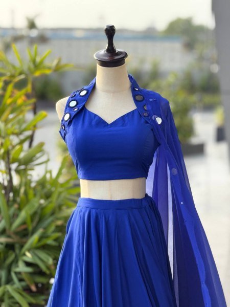 Royal Blue Cotton Garba Lehenga Choli Set with Mirror Work and Embroidered Georgette Dupatta Navratri Lehnega Choli