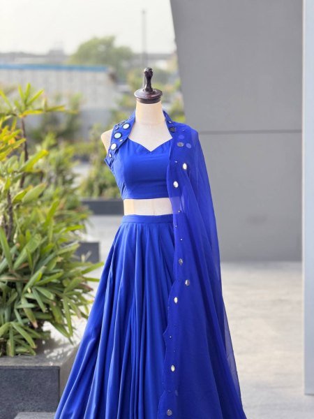 Royal Blue Cotton Garba Lehenga Choli Set with Mirror Work and Embroidered Georgette Dupatta Navratri Lehnega Choli