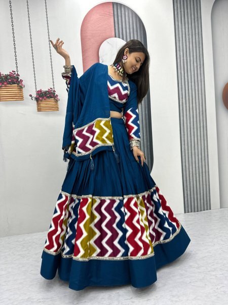 Royal Blue Cotton Lehenga Choli with 6 Meter Flair and Dupatta Navratri Special Offer Navratri Lehnega Choli