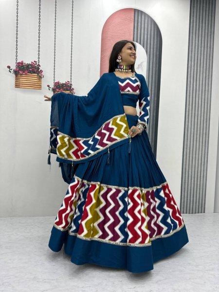 Royal Blue Cotton Lehenga Choli with 6 Meter Flair and Dupatta Navratri Special Offer Navratri Lehnega Choli