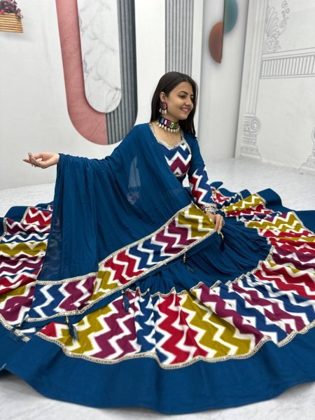 Royal Blue Cotton Lehenga Choli with 6 Meter Flair and Dupatta Navratri Special Offer Navratri Lehnega Choli