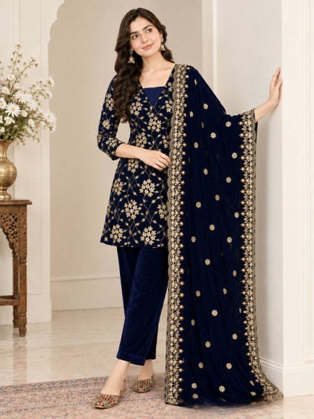 Royal Blue Designer Viscose Velvet Suit with Heavy Multi Sequin Embroidery for Festival 
