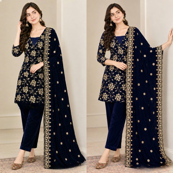 Royal Blue Designer Viscose Velvet Suit with Heavy Multi Sequin Embroidery for Festival Ready To Wear Collection