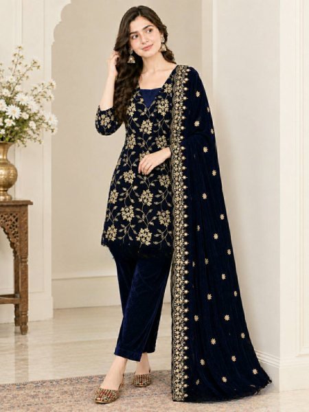 Royal Blue Designer Viscose Velvet Suit with Heavy Multi Sequin Embroidery for Festival Ready To Wear Collection