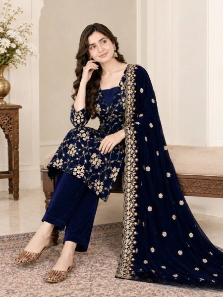 Royal Blue Designer Viscose Velvet Suit with Heavy Multi Sequin Embroidery for Festival Ready To Wear Collection