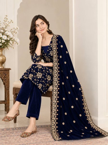 Royal Blue Designer Viscose Velvet Suit with Heavy Multi Sequin Embroidery for Festival Ready To Wear Collection