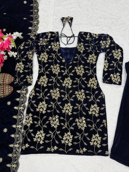 Royal Blue Designer Viscose Velvet Suit with Heavy Multi Sequin Embroidery for Festival Ready To Wear Collection