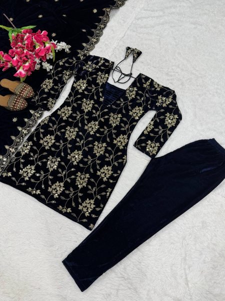 Royal Blue Designer Viscose Velvet Suit with Heavy Multi Sequin Embroidery for Festival Ready To Wear Collection