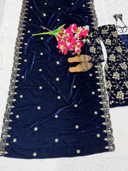 Royal Blue Designer Viscose Velvet Suit with Heavy Multi Sequin Embroidery for Festival Ready To Wear Collection