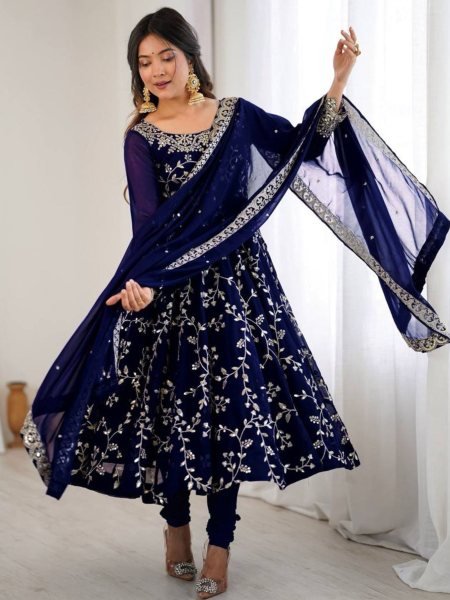 Royal Blue Elegant Faux Georgette Embroidery Gown with Churidar Ready to Wear Party Ensemble Ready To Wear Suit