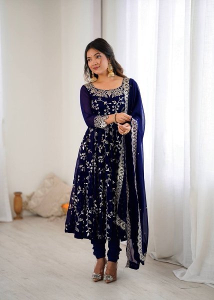 Royal Blue Elegant Faux Georgette Embroidery Gown with Churidar Ready to Wear Party Ensemble Ready To Wear Collection