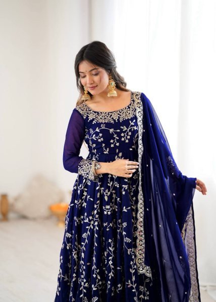 Royal Blue Elegant Faux Georgette Embroidery Gown with Churidar Ready to Wear Party Ensemble Ready To Wear Collection