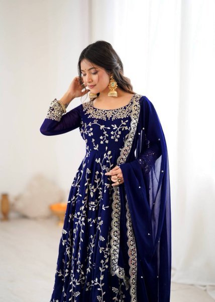 Royal Blue Elegant Faux Georgette Embroidery Gown with Churidar Ready to Wear Party Ensemble Ready To Wear Collection