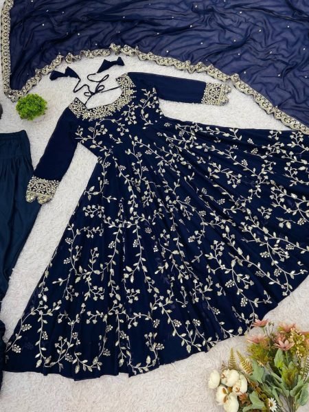 Royal Blue Elegant Faux Georgette Embroidery Gown with Churidar Ready to Wear Party Ensemble Ready To Wear Collection
