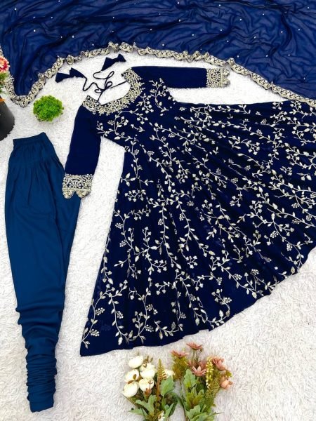 Royal Blue Elegant Faux Georgette Embroidery Gown with Churidar Ready to Wear Party Ensemble Ready To Wear Collection