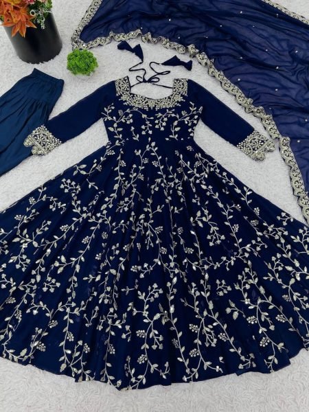 Royal Blue Elegant Faux Georgette Embroidery Gown with Churidar Ready to Wear Party Ensemble Ready To Wear Collection