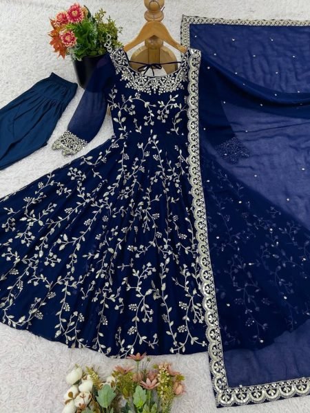 Royal Blue Elegant Faux Georgette Embroidery Gown with Churidar Ready to Wear Party Ensemble Ready To Wear Collection