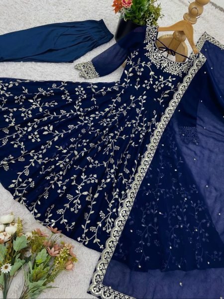 Royal Blue Elegant Faux Georgette Embroidery Gown with Churidar Ready to Wear Party Ensemble Ready To Wear Collection