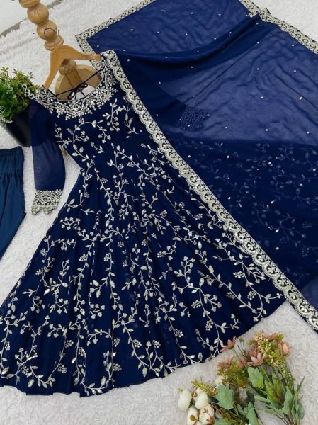 Royal Blue Elegant Faux Georgette Embroidery Gown with Churidar Ready to Wear Party Ensemble Ready To Wear Collection