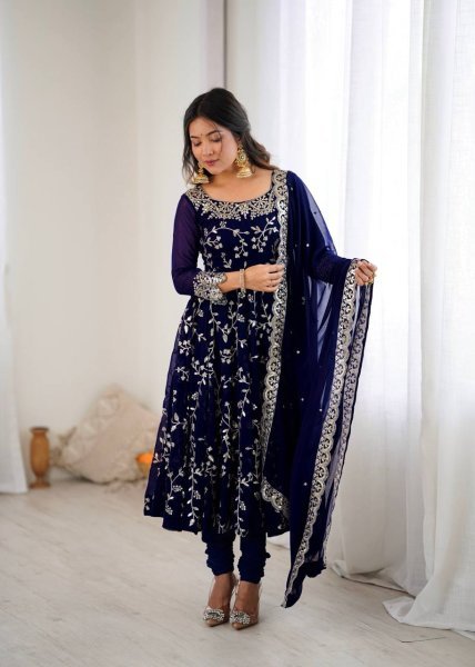 Royal Blue Elegant Faux Georgette Embroidery Gown with Churidar Ready to Wear Party Ensemble Ready To Wear Collection