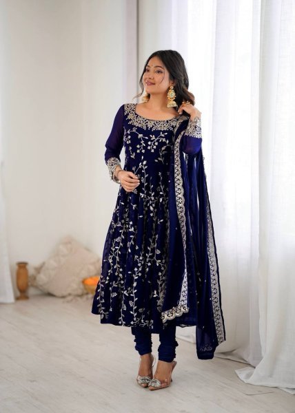 Royal Blue Elegant Faux Georgette Embroidery Gown with Churidar Ready to Wear Party Ensemble Ready To Wear Collection