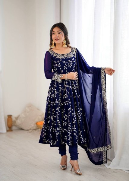 Royal Blue Elegant Faux Georgette Embroidery Gown with Churidar Ready to Wear Party Ensemble Ready To Wear Collection