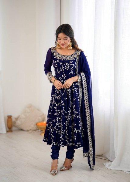 Royal Blue Elegant Faux Georgette Embroidery Gown with Churidar Ready to Wear Party Ensemble Ready To Wear Collection