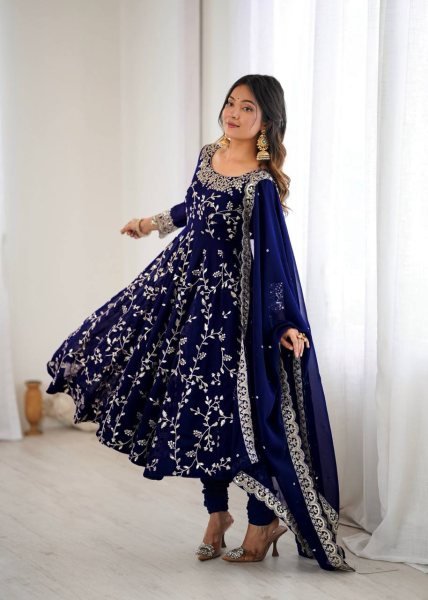 Royal Blue Elegant Faux Georgette Embroidery Gown with Churidar Ready to Wear Party Ensemble Ready To Wear Collection