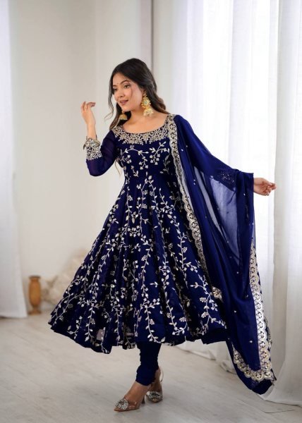Royal Blue Elegant Faux Georgette Embroidery Gown with Churidar Ready to Wear Party Ensemble Ready To Wear Collection