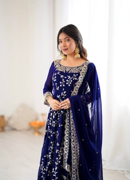 Royal Blue Elegant Faux Georgette Embroidery Gown with Churidar Ready to Wear Party Ensemble Ready To Wear Collection