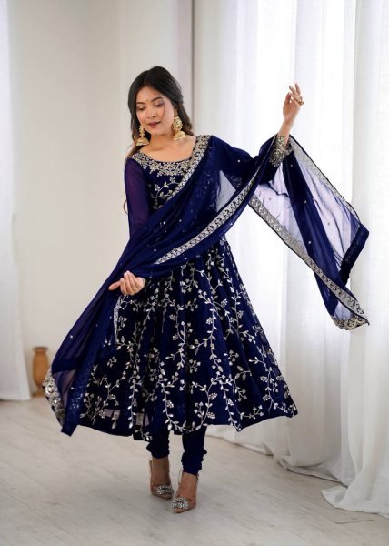 Royal Blue Elegant Faux Georgette Embroidery Gown with Churidar Ready to Wear Party Ensemble Ready To Wear Collection