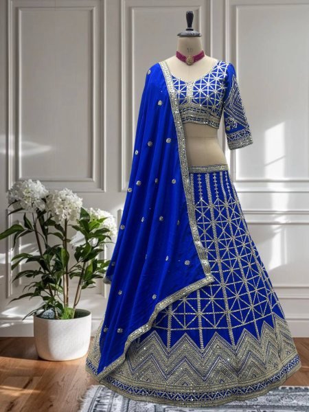 Royal Blue Embroidered Chinon Lehenga Choli Perfect for Reception Look Designer Lehenga Choli