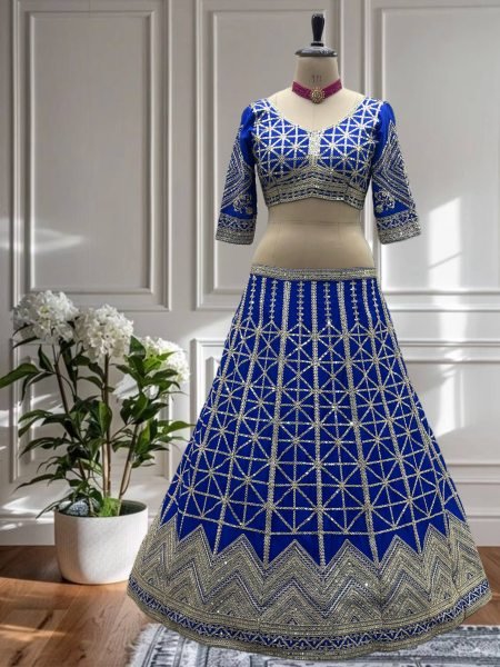 Royal Blue Embroidered Chinon Lehenga Choli Perfect for Reception Look Designer Lehenga Choli