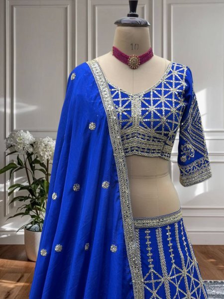Royal Blue Embroidered Chinon Lehenga Choli Perfect for Reception Look Designer Lehenga Choli