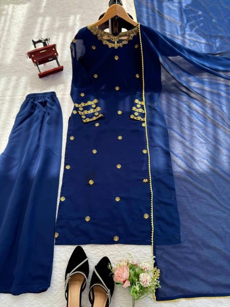 Royal Blue Faux Georgette Embroidery Palazzo Suit with Long Sleeve Top and Matching Dupatta Ready to Wear  Ready To Wear Collection