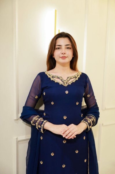 Royal Blue Faux Georgette Embroidery Palazzo Suit with Long Sleeve Top and Matching Dupatta Ready to Wear  Ready To Wear Collection