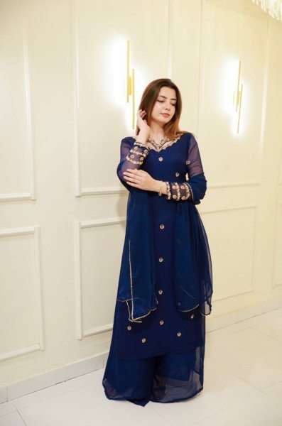 Royal Blue Faux Georgette Embroidery Palazzo Suit with Long Sleeve Top and Matching Dupatta Ready to Wear  Ready To Wear Collection