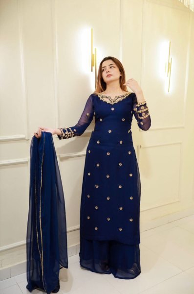 Royal Blue Faux Georgette Embroidery Palazzo Suit with Long Sleeve Top and Matching Dupatta Ready to Wear  Ready To Wear Collection