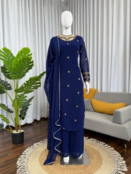 Royal Blue Faux Georgette Embroidery Palazzo Suit with Long Sleeve Top and Matching Dupatta Ready to Wear  Ready To Wear Collection