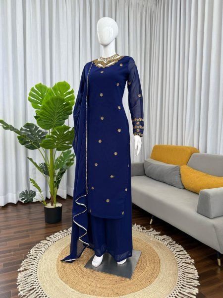 Royal Blue Faux Georgette Embroidery Palazzo Suit with Long Sleeve Top and Matching Dupatta Ready to Wear  Ready To Wear Collection