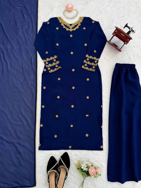 Royal Blue Faux Georgette Embroidery Palazzo Suit with Long Sleeve Top and Matching Dupatta Ready to Wear  Ready To Wear Collection